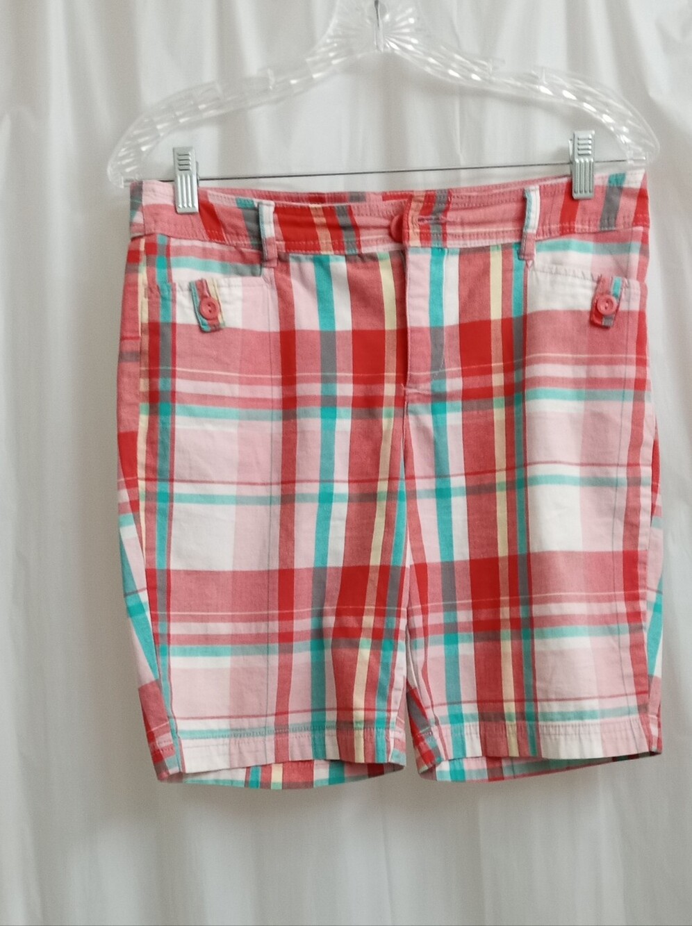 St John's Bay Cotton Mid Thigh Women's Pink, Coral, Blue, & Red Plaid Shorts